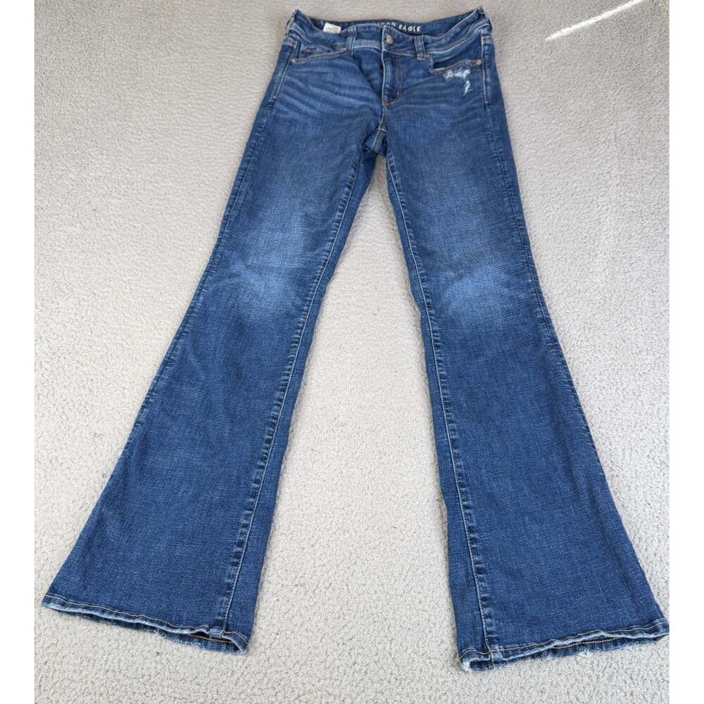 American Eagle Kick Boot Jeans Womens 8 LONG Blue Wide Leg Mid Rise Distressed
